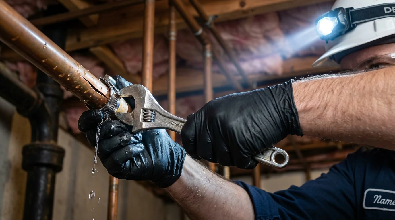 Emergency pipe clamp repair being performed by a Johns Plumbing LLC plumber in Whitman