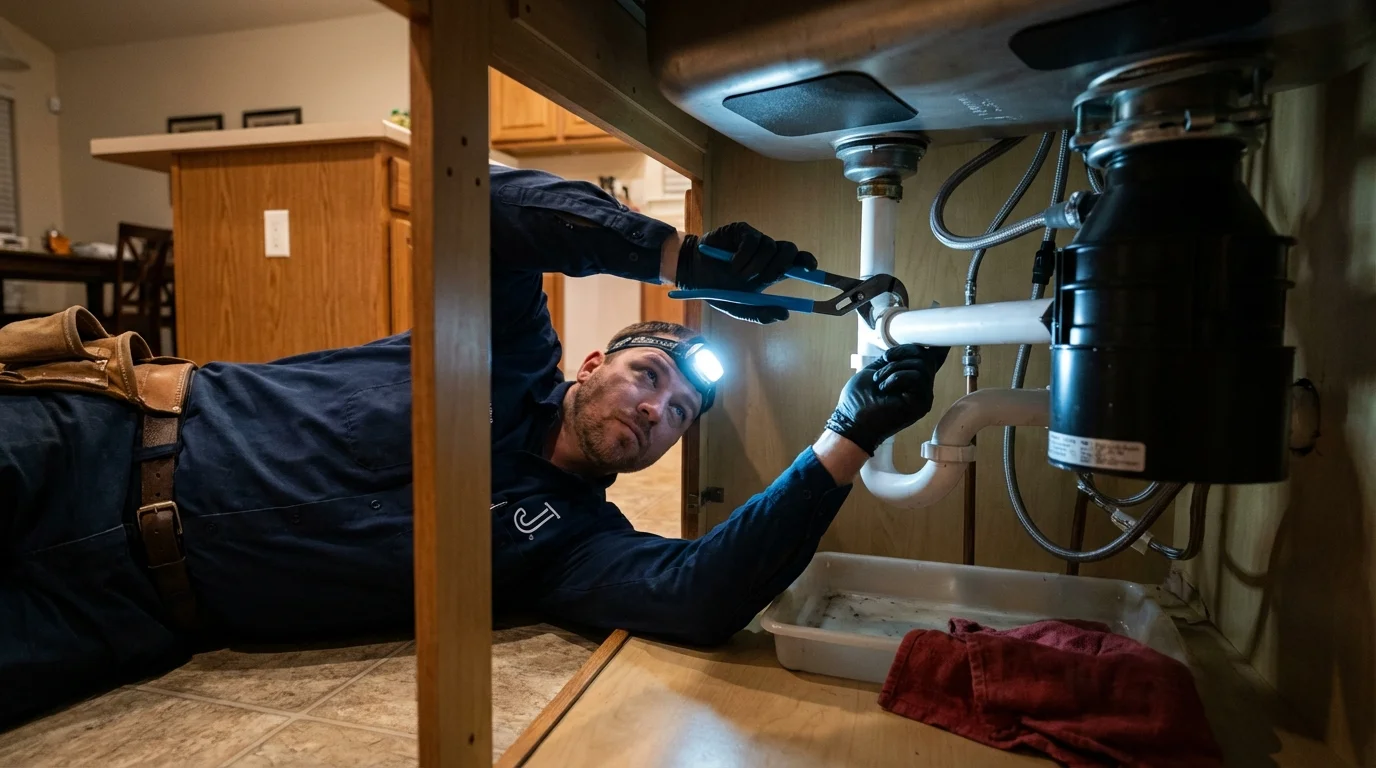 P-trap and supply line connections under a kitchen sink showing a common leak point in Whitman, MA